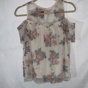 Iz Byer Peep-Shoulder Top Off-White W/Floral Lace Size Large
